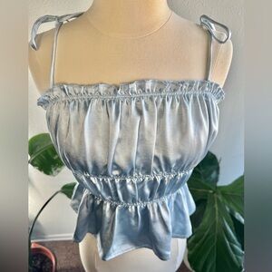 Miss Lola Blue Satin Ruched Top